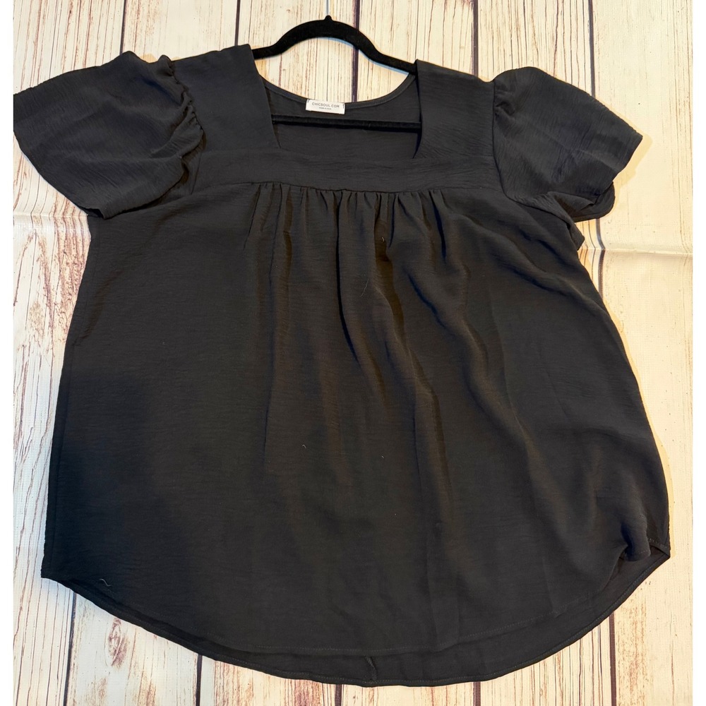 Chic Soul Black Square Neck Puff Sleeve Babydoll Blouse Top 2XL M6397-P
